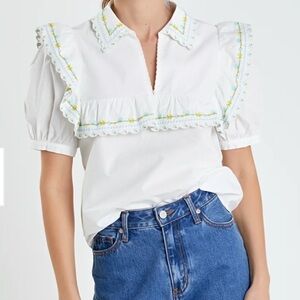 English Factory White Embroidered floral NWT Top Large